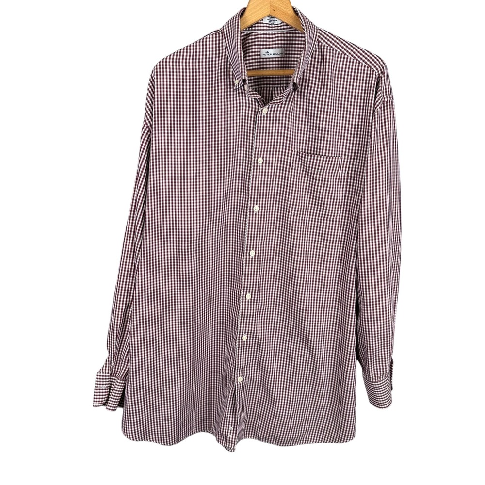 Peter Millar Mens 2XT Cotton Silk Gingham Button Down Shirt Burgundy White